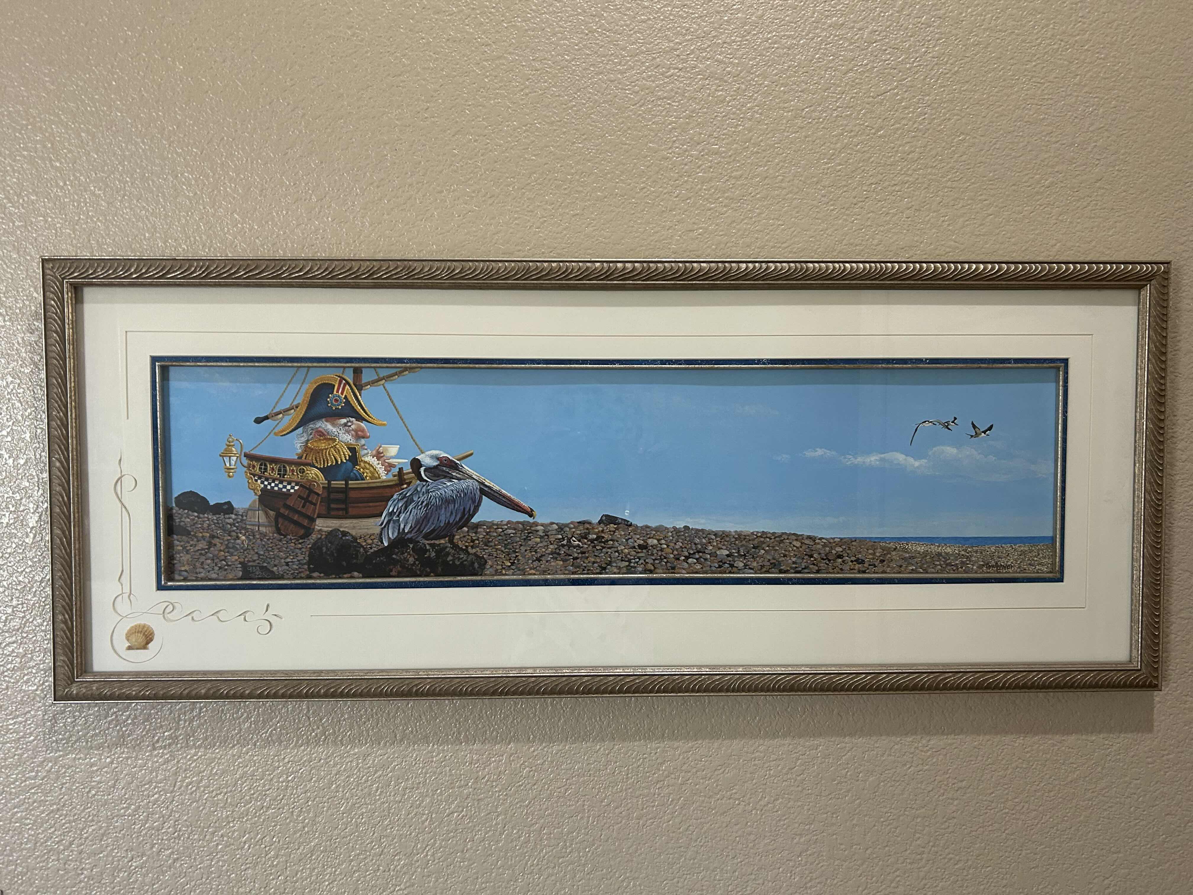 Photo 1 of FRAMED ARTWORK "WAITING FOR THE TIDE" BY JAMES C CHRISTENSEN W WHIMSICAL CHARACTER IN BOAT W PELICAN
39" X 15"