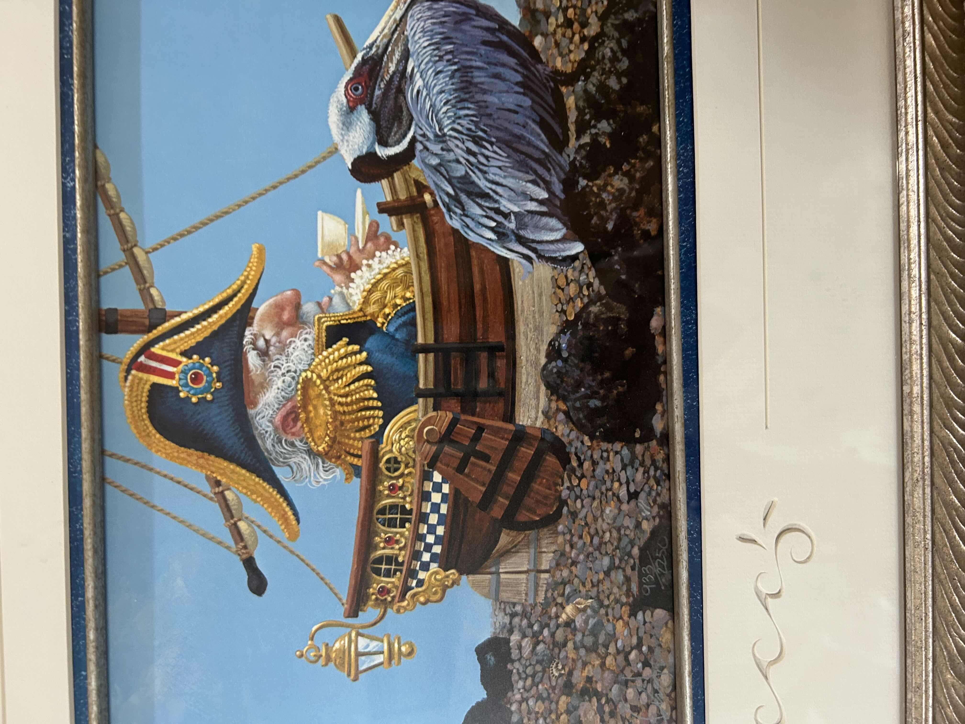 Photo 1 of FRAMED ARTWORK "WAITING FOR THE TIDE" BY JAMES C CHRISTENSEN W WHIMSICAL CHARACTER IN BOAT W PELICAN
39" X 15"