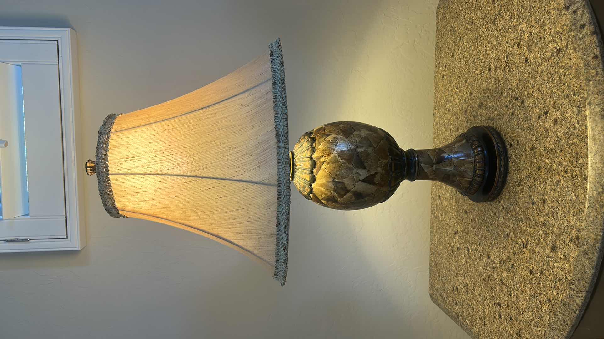 Photo 1 of MOSAIC STYLE TABLE LAMP W FRINGED FABRIC SHADE H30”