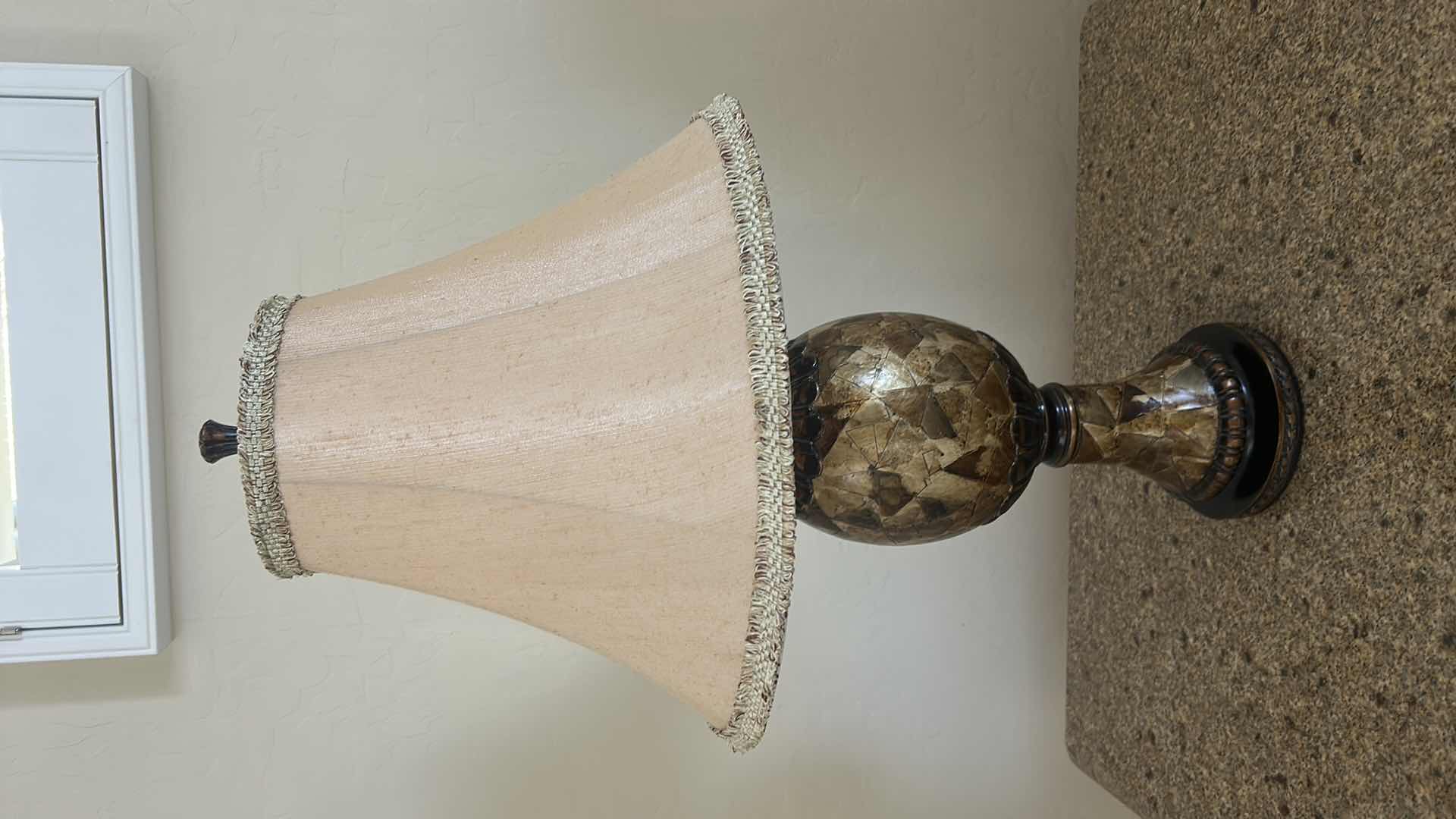 Photo 1 of DECORATIVE CERAMIC TABLE LAMP WITH STONE MOSAIC STYLE BASE AND FRINGED FABRIC SHADE30”