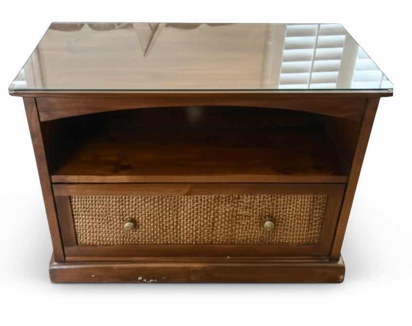 Photo 1 of WALNUT W RATTAN TV STAND & GLASS PROTECTIVE COVER 33 1/2” x 17 1/2” x H24”
