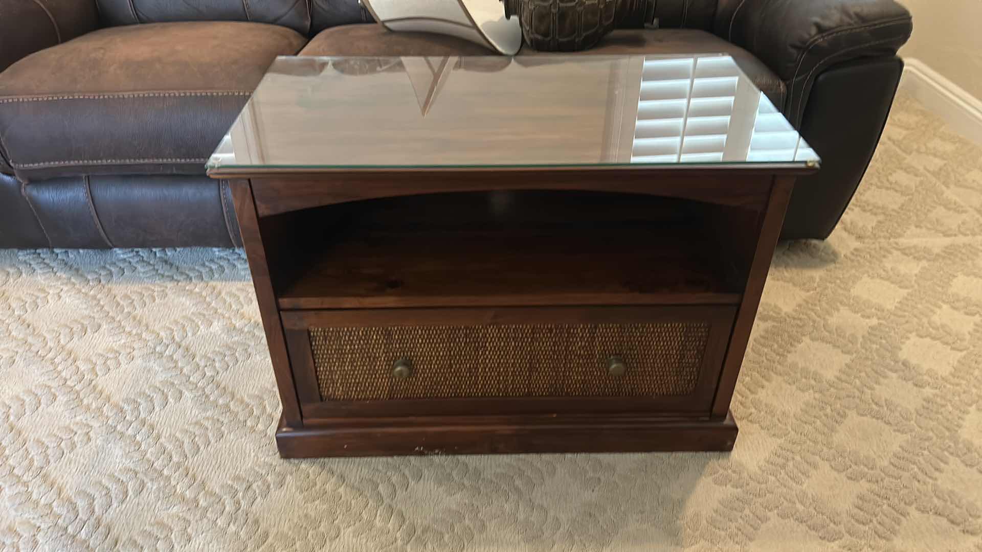 Photo 1 of WALNUT W RATTAN TV STAND & GLASS PROTECTIVE COVER 33 1/2” x 17 1/2” x H24”