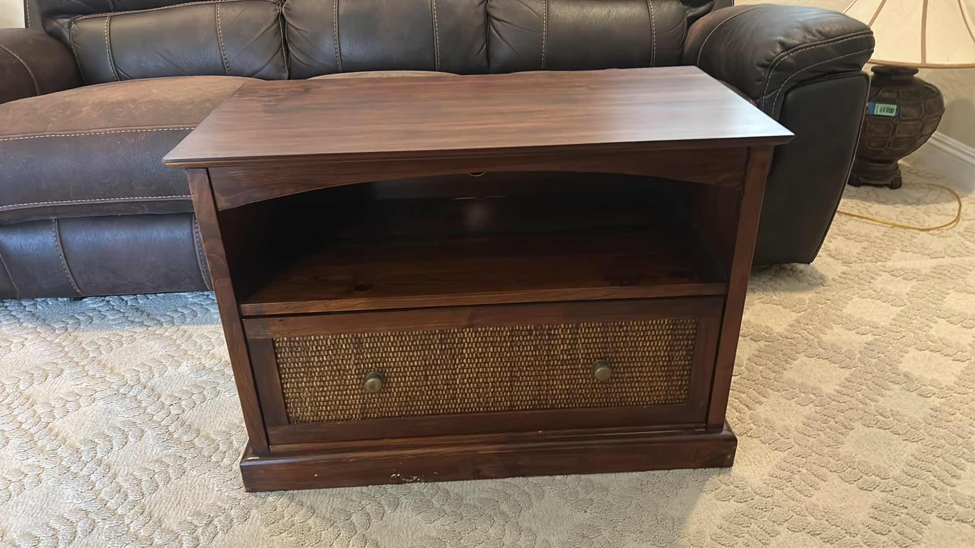 Photo 1 of WALNUT W RATTAN TV STAND & GLASS PROTECTIVE COVER 33 1/2” x 17 1/2” x H24”