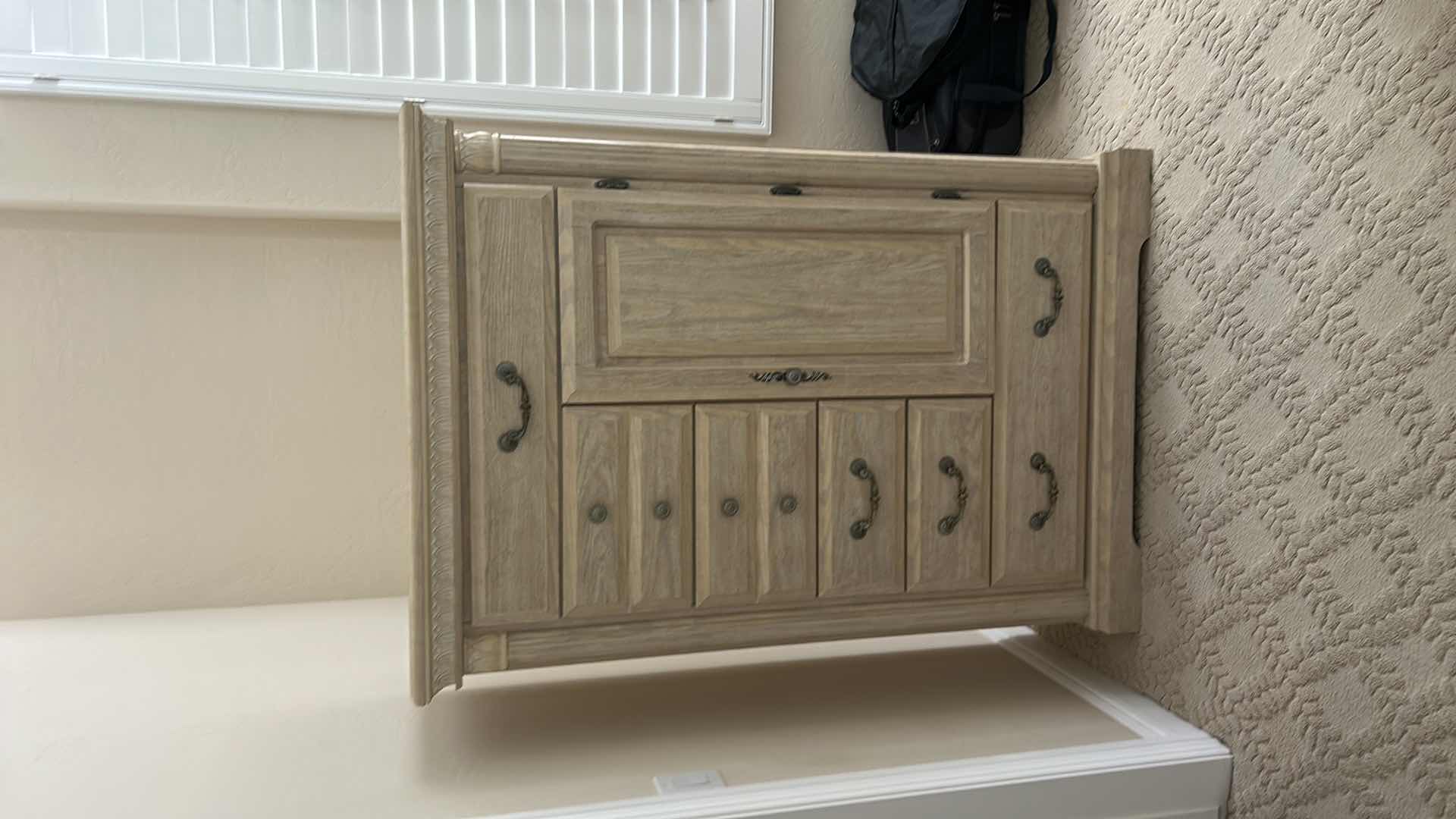 Photo 1 of LIGHT OAK GENTLEMAN’S CHEST WITH MULTIPLE DRAWERS AND CABINET DOOR 43” x 16 1/2” x H61”