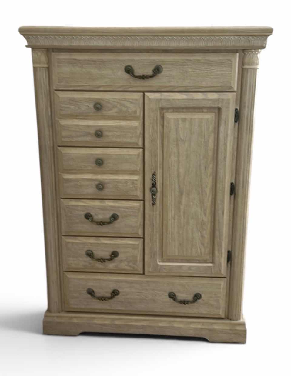 Photo 1 of LIGHT OAK GENTLEMAN’S CHEST WITH MULTIPLE DRAWERS AND CABINET DOOR 43” x 16 1/2” x H61”