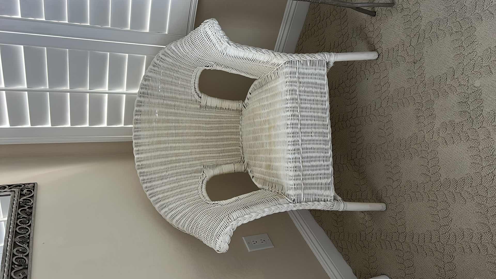 Photo 1 of PIER 1 WHITE WICKER ARMCHAIR WITH ROUNDED BACK DESIGN 30“ x 23“ x H32”