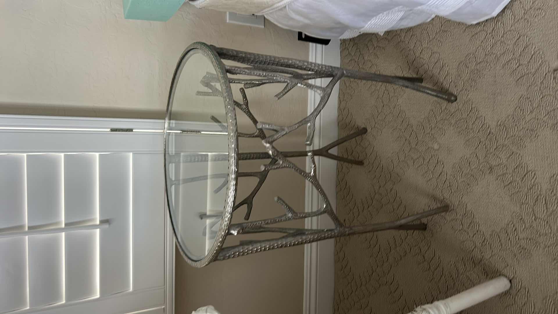 Photo 1 of METAL W GLASS TOP ACCENT TABLE W BRANCH MOTIF DESIGN 17 1/2“ x H25“