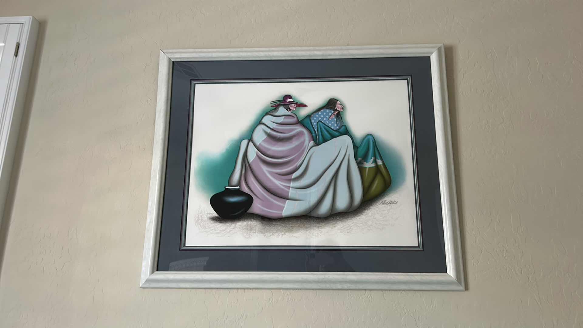 Photo 1 of FRAMED SIGNED ARTWORK BY ROBERT REDBIRD NATIVE AMERICAN FEATURING SOUTHWESTERN FIGURAL SCENE WITH POTTERY, DOUBLE MATTING, AND SILVER-TONE FRAME 39 1/2“ x H33“