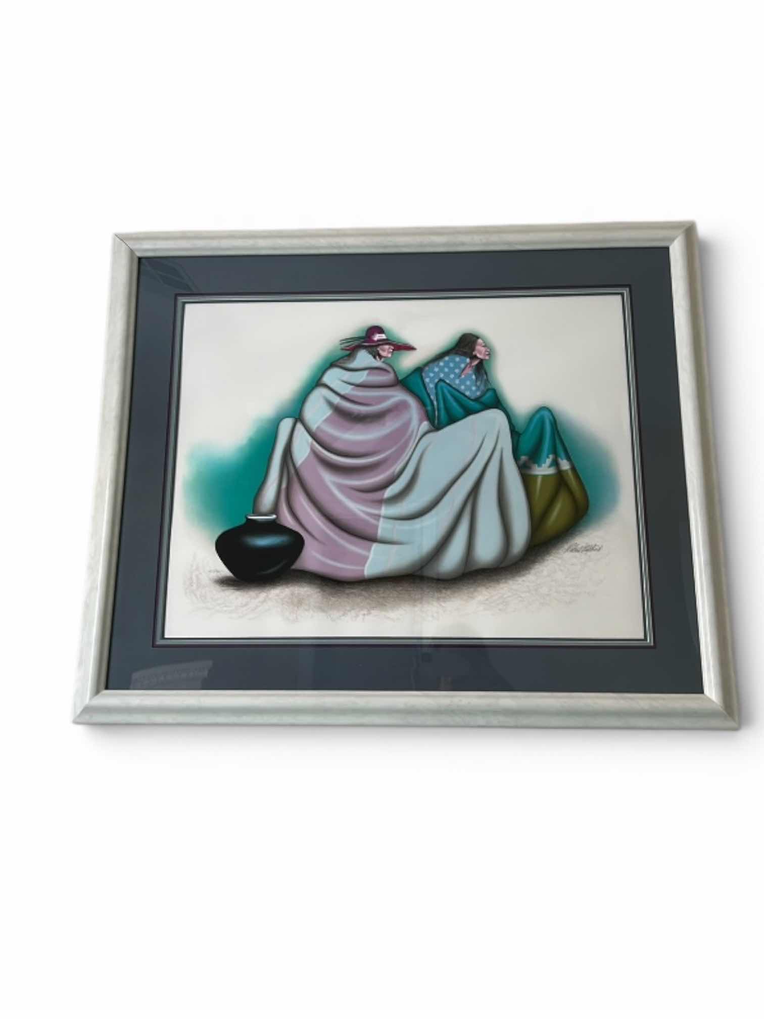 Photo 1 of FRAMED SIGNED ARTWORK BY ROBERT REDBIRD NATIVE AMERICAN FEATURING SOUTHWESTERN FIGURAL SCENE WITH POTTERY, DOUBLE MATTING, AND SILVER-TONE FRAME 39 1/2“ x H33“