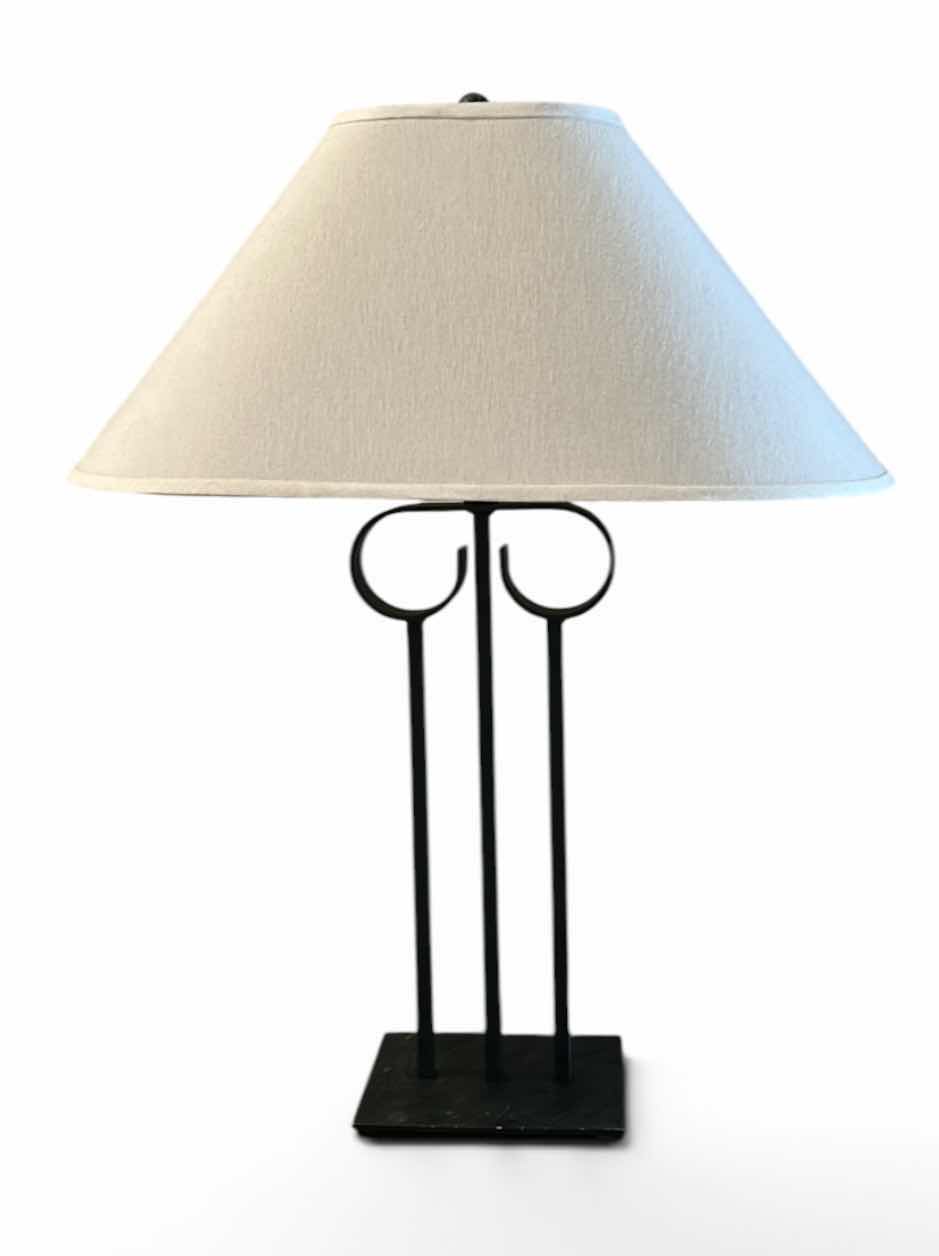 Photo 1 of MODERN METAL TABLE LAMP WITH GEOMETRIC SCROLL DESIGN AND FABRIC SHADE H30”