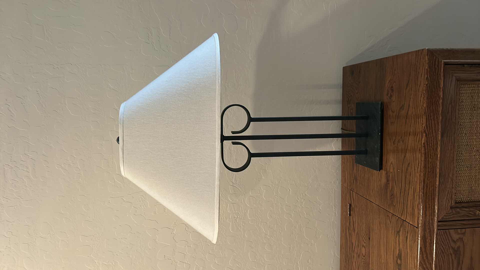 Photo 1 of MODERN METAL TABLE LAMP WITH GEOMETRIC SCROLL DESIGN AND FABRIC SHADE H30”