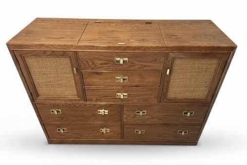 Photo 1 of VINTAGE THOMASVILLE MID-CENTURY MODERN CAMPAIGN-STYLE WALNUT CREDENZA WITH BRASS RECESSED PULLS AND WOVEN CANE DOOR PANELS 56“ x 19“ x H40 1/2“