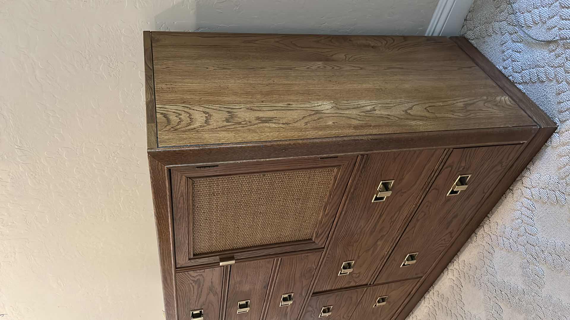 Photo 1 of VINTAGE THOMASVILLE MID-CENTURY MODERN CAMPAIGN-STYLE WALNUT CREDENZA WITH BRASS RECESSED PULLS AND WOVEN CANE DOOR PANELS 56“ x 19“ x H40 1/2“
