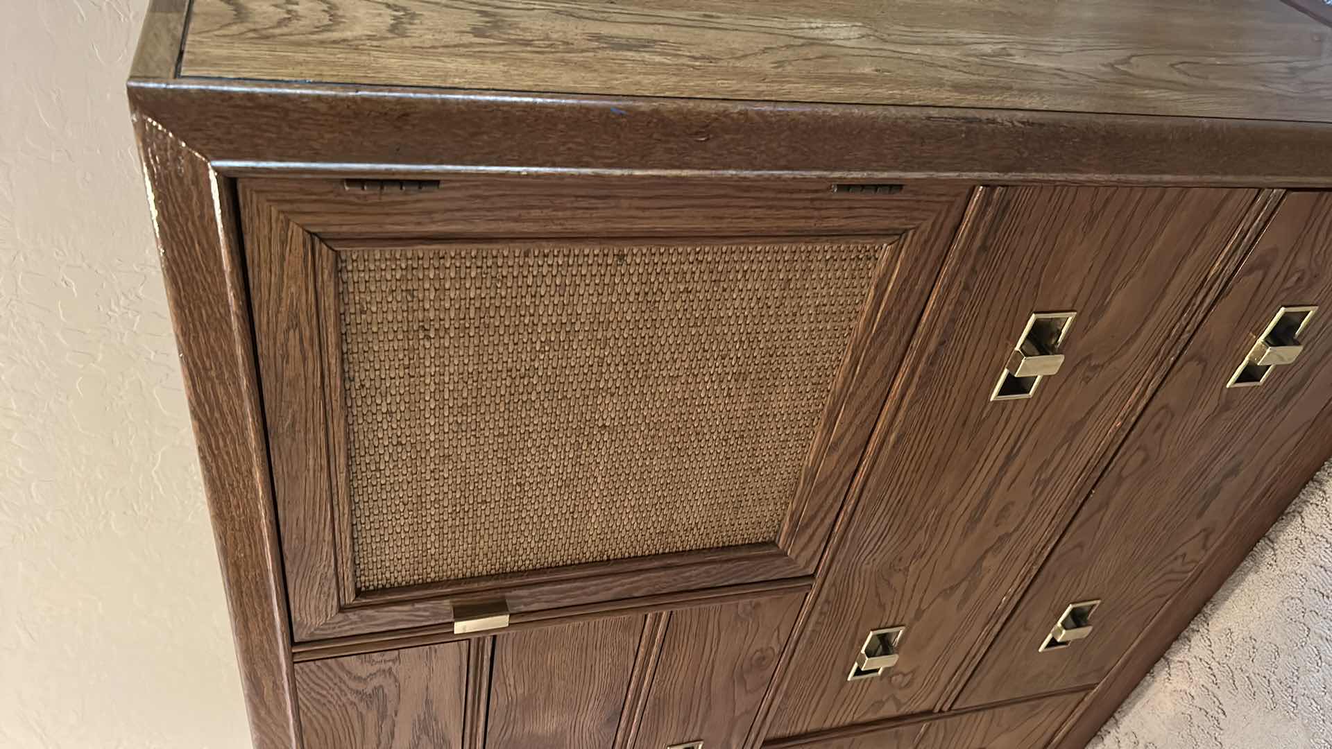 Photo 1 of VINTAGE THOMASVILLE MID-CENTURY MODERN CAMPAIGN-STYLE WALNUT CREDENZA WITH BRASS RECESSED PULLS AND WOVEN CANE DOOR PANELS 56“ x 19“ x H40 1/2“