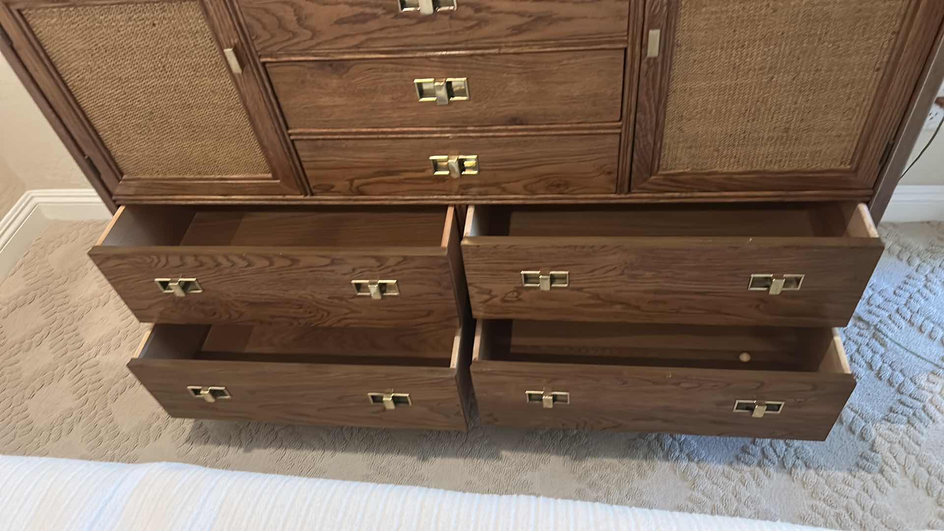 Photo 1 of VINTAGE THOMASVILLE MID-CENTURY MODERN CAMPAIGN-STYLE WALNUT CREDENZA WITH BRASS RECESSED PULLS AND WOVEN CANE DOOR PANELS 56“ x 19“ x H40 1/2“