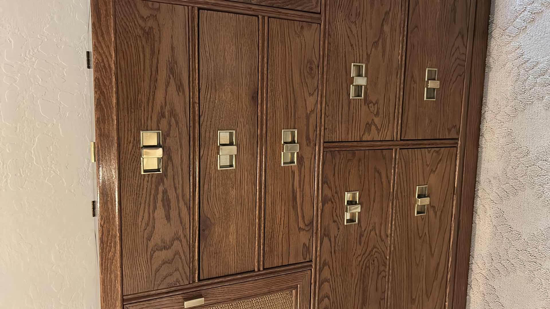 Photo 1 of VINTAGE THOMASVILLE MID-CENTURY MODERN CAMPAIGN-STYLE WALNUT CREDENZA WITH BRASS RECESSED PULLS AND WOVEN CANE DOOR PANELS 56“ x 19“ x H40 1/2“