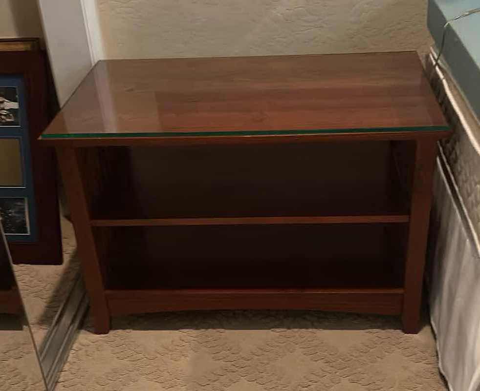 Photo 1 of CHERRYWOOD OPEN SHELF SIDE TABLE W GLASS PROTECTIVE TOP 35” x 19.75” H23 1/2”