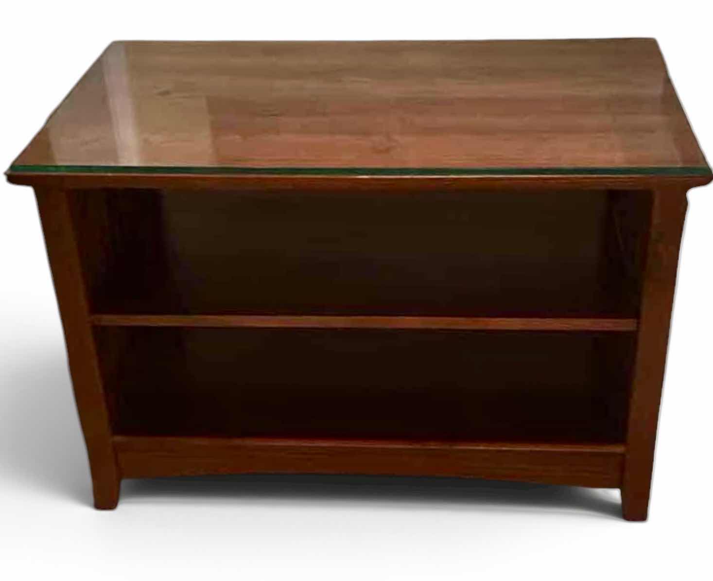 Photo 1 of CHERRYWOOD OPEN SHELF SIDE TABLE W GLASS PROTECTIVE TOP 35” x 19.75” H23 1/2”
