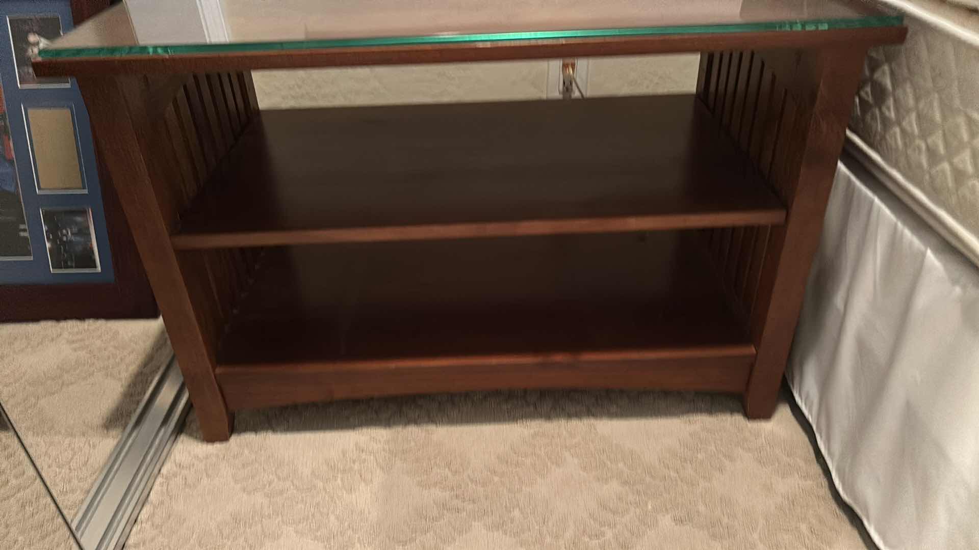 Photo 1 of CHERRYWOOD OPEN SHELF SIDE TABLE W GLASS PROTECTIVE TOP 35” x 19.75” H23 1/2”