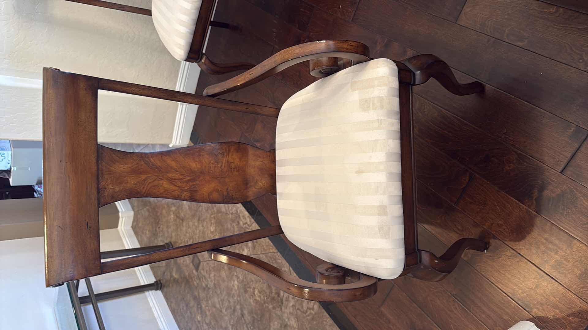 Photo 1 of MAHOGANY QUEEN ANNE ARM CHAIR W OFF WHITE STRIPED UPHOLSTERED SEATS
