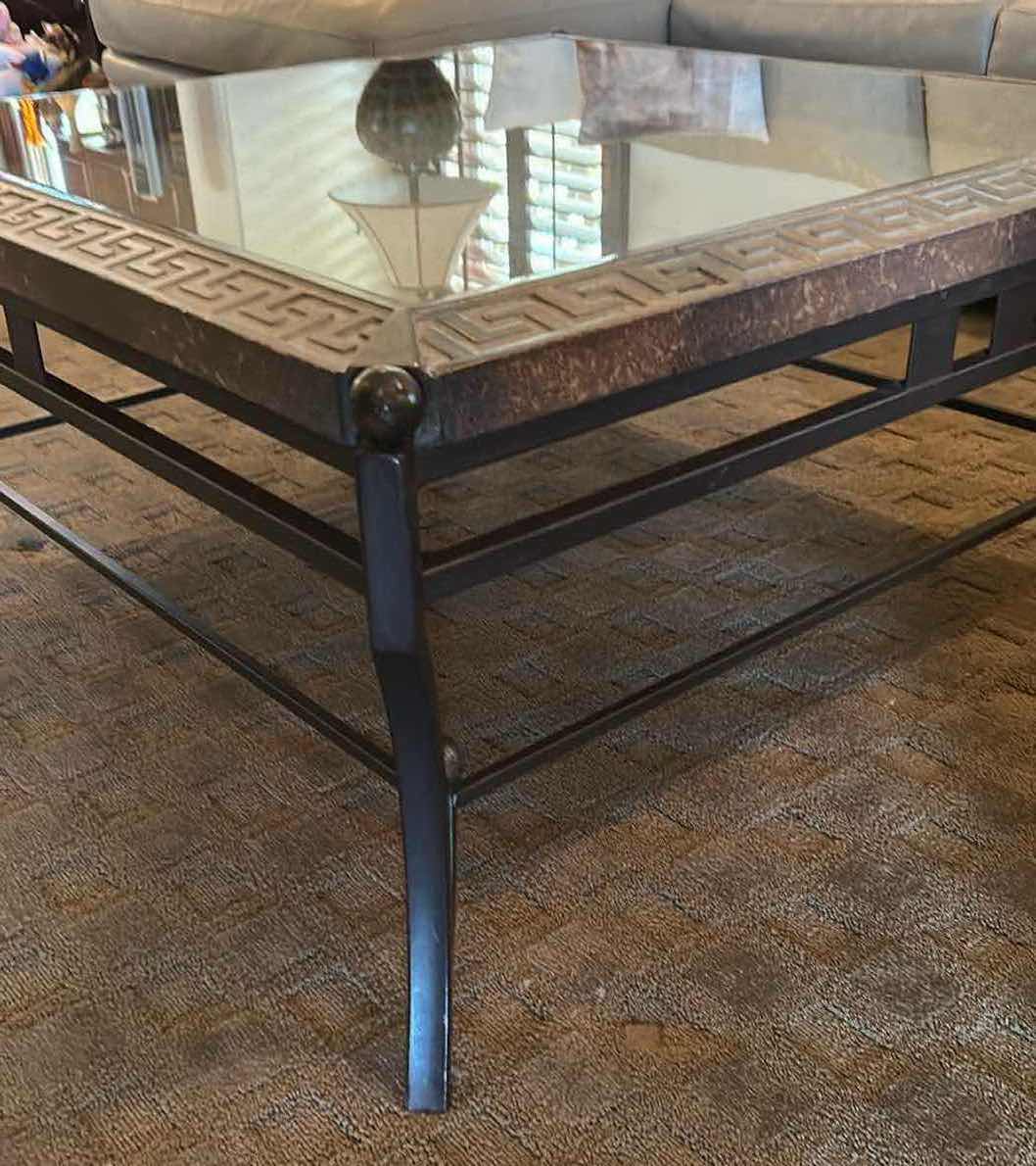 Photo 1 of TEXTURED BORDER W GREEK KEY FRETWORK PATTERN & GLASS INLAY TOP COFFE TABLE
47"X 47" H 18"