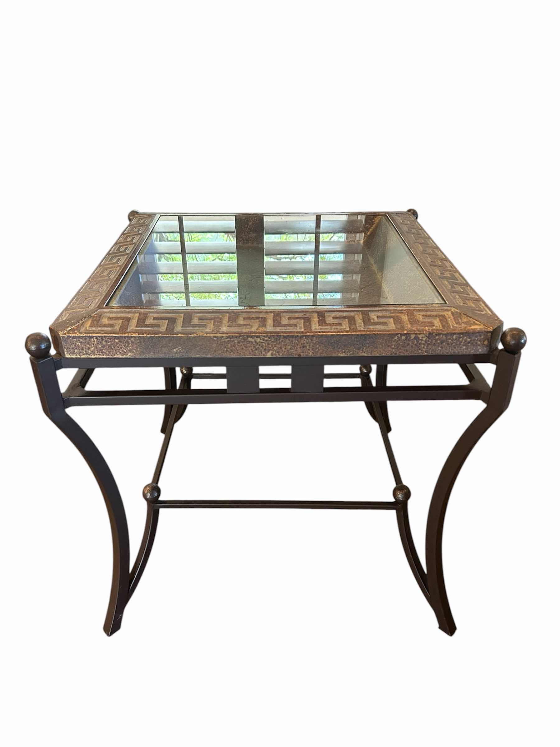 Photo 1 of TEXTURED BORDER W GREEK KEY FRETWORK PATTERN & GLASS INLAY TOP SIDE TABLE 27" X 26" H 27" $