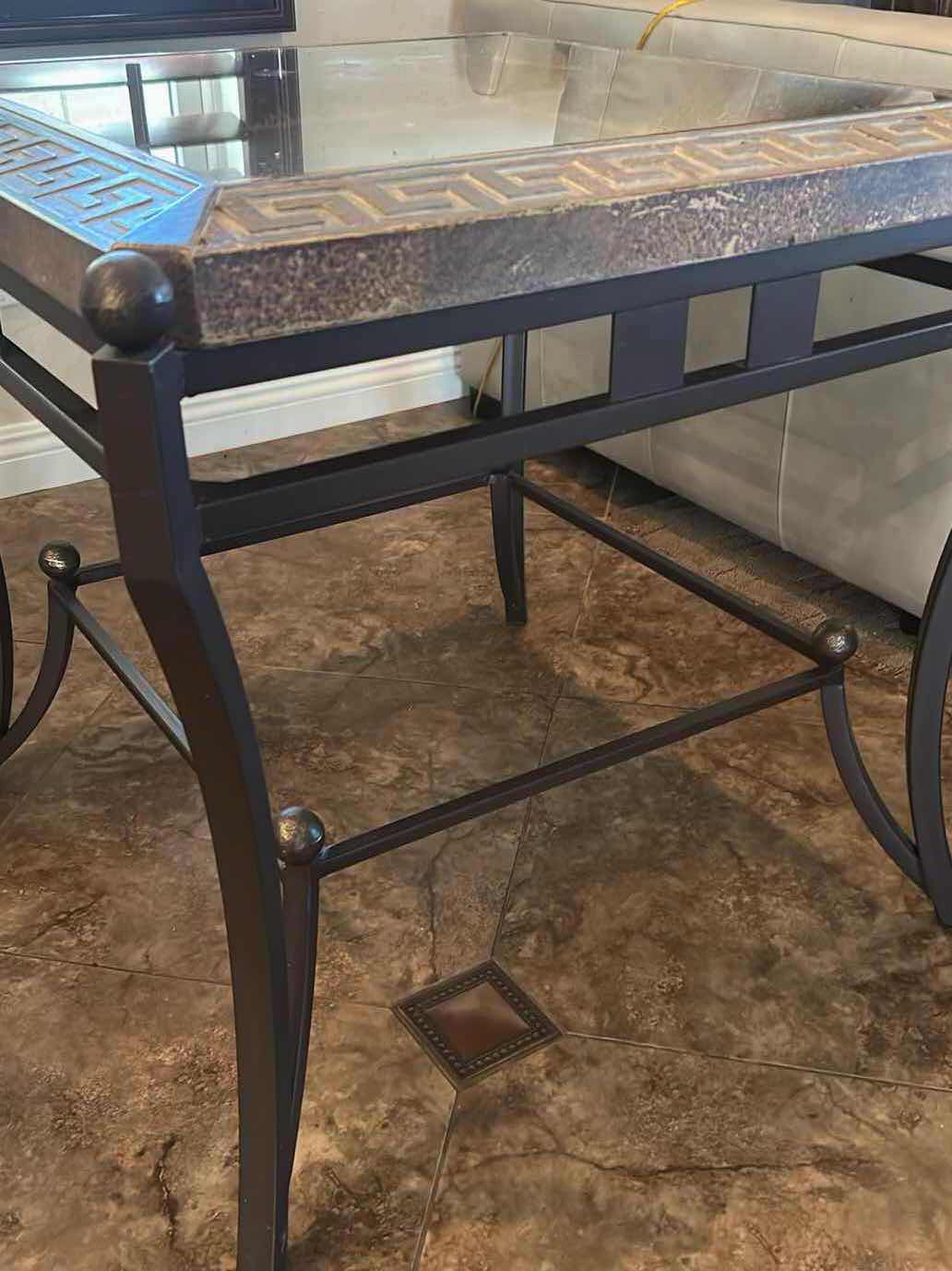 Photo 1 of TEXTURED BORDER W GREEK KEY FRETWORK PATTERN & GLASS INLAY TOP SIDE TABLE 27" X 26" H 27" $