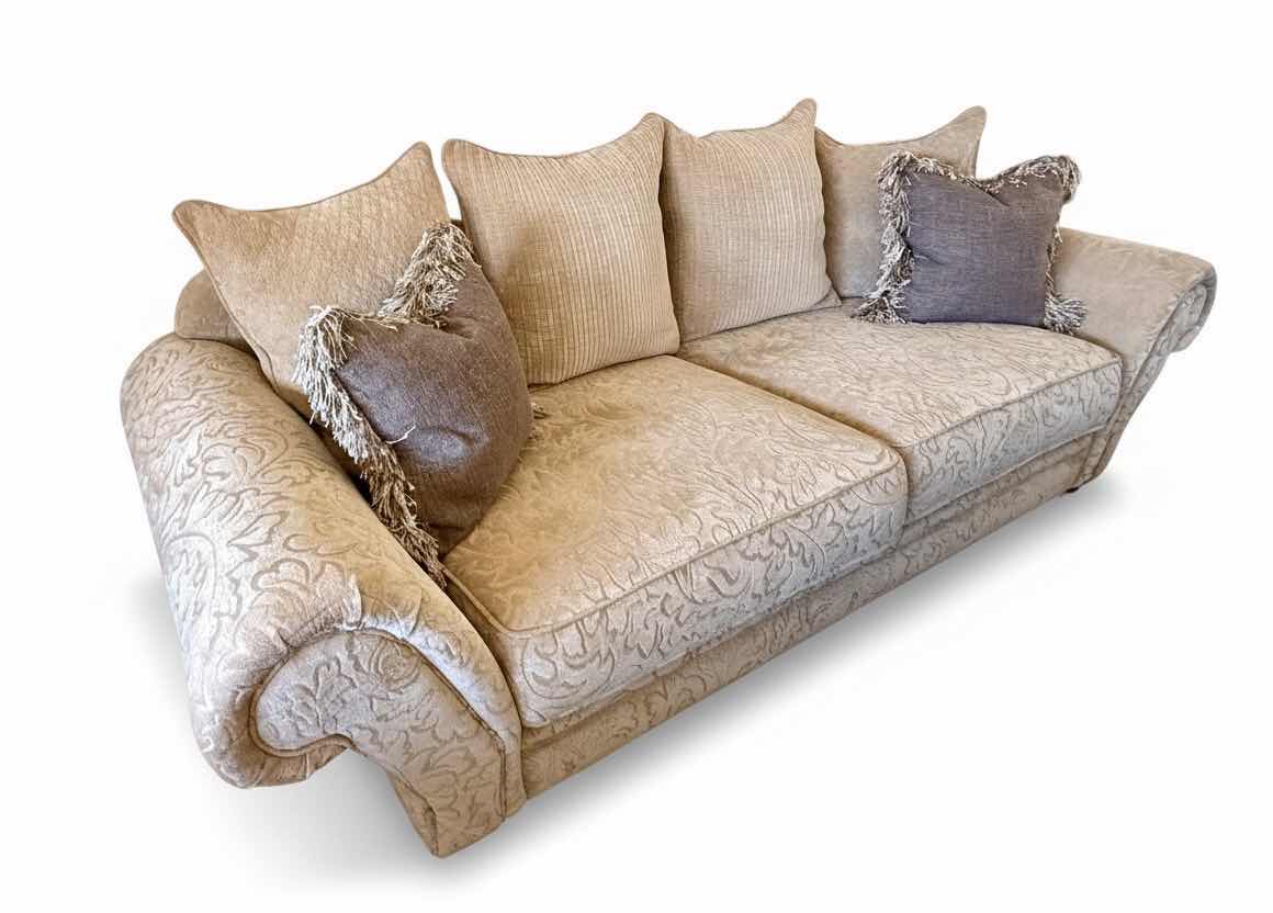 Photo 1 of 8’ BEIGE CHENILLE W FLORAL DEMADK UPHOLSTERED SOFA W 2 ACCENT PILLOWS