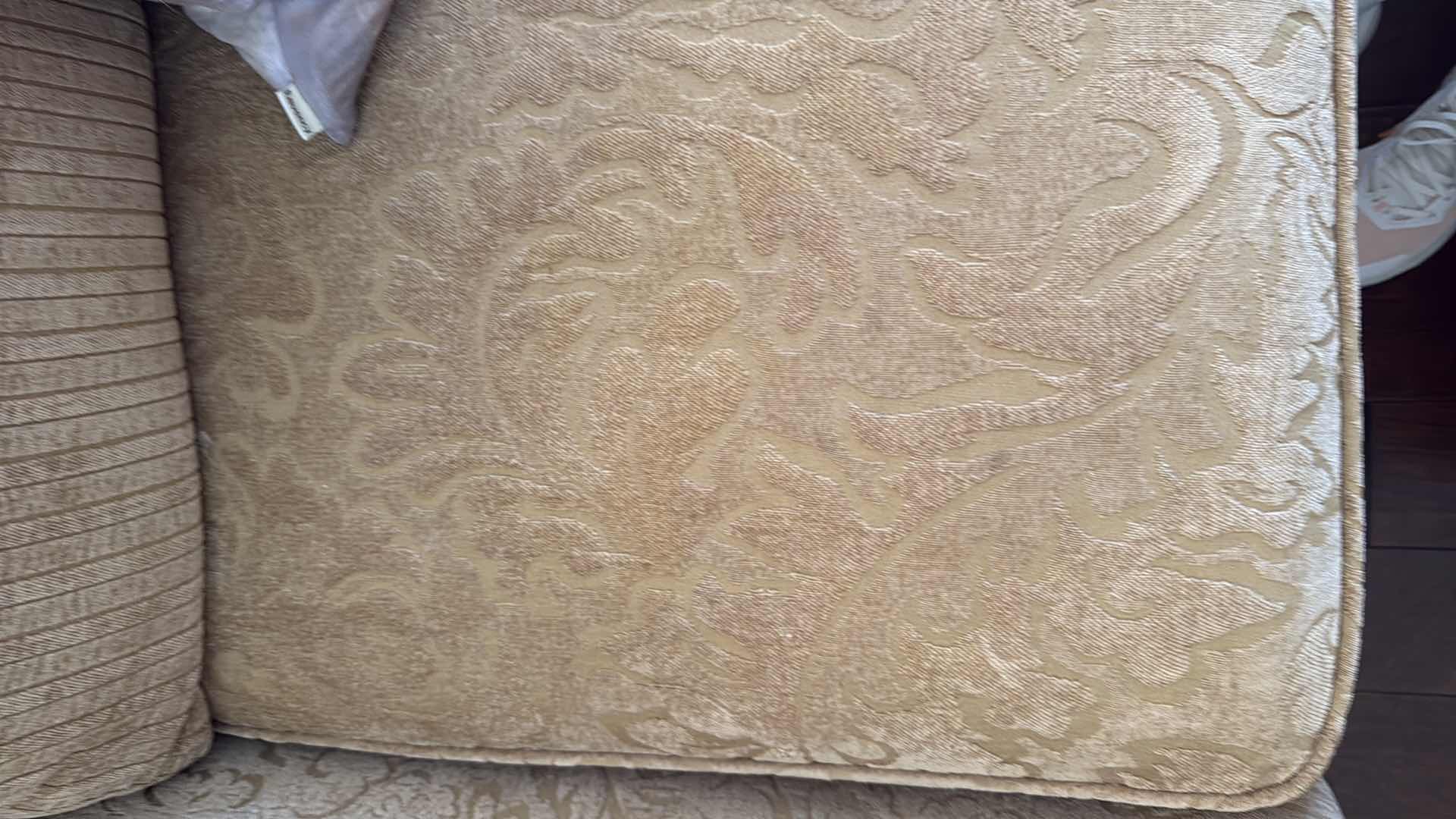 Photo 1 of 8’ BEIGE CHENILLE W FLORAL DEMADK UPHOLSTERED SOFA W 2 ACCENT PILLOWS