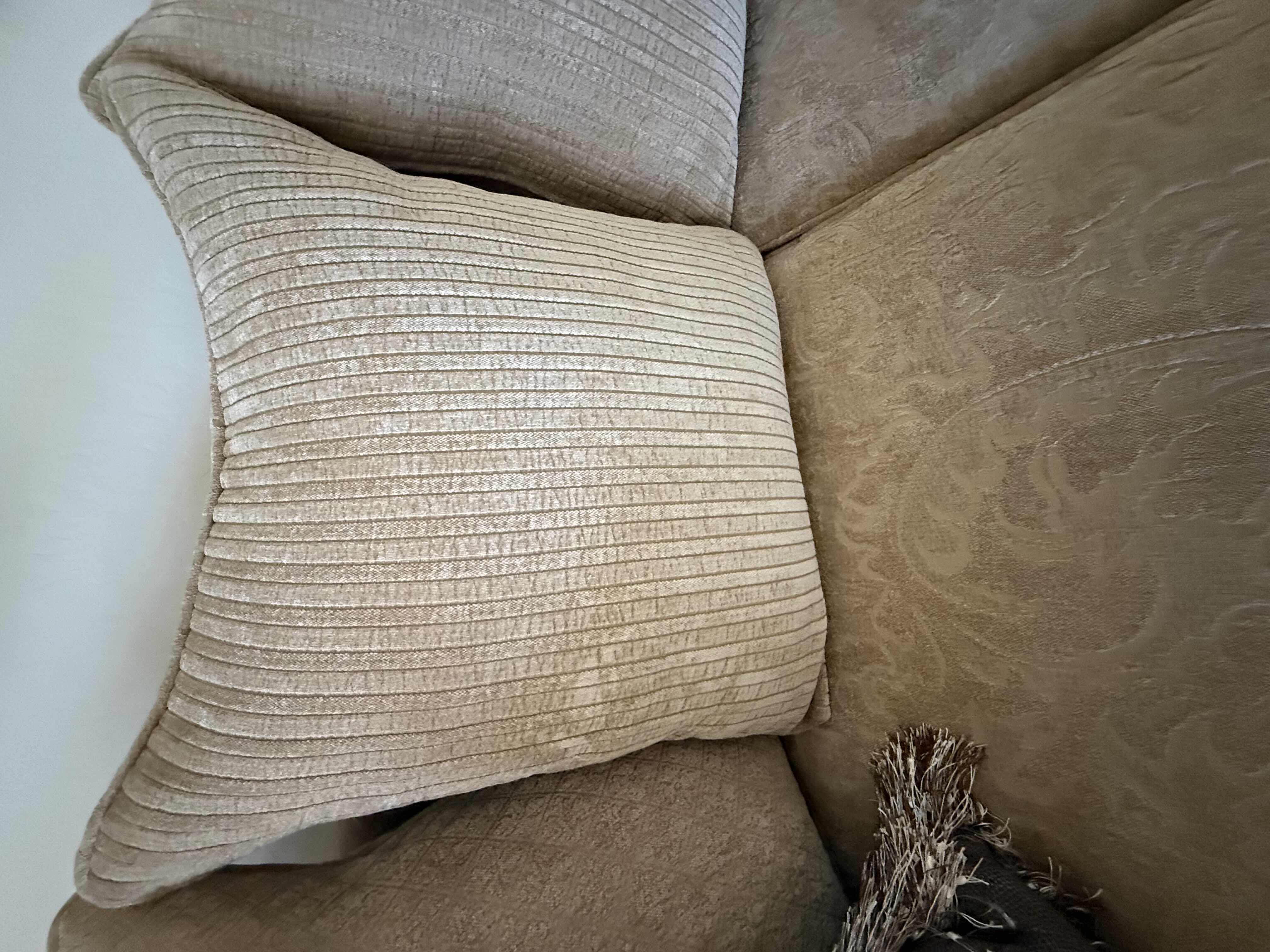 Photo 1 of 8’ BEIGE CHENILLE W FLORAL DEMADK UPHOLSTERED SOFA W 2 ACCENT PILLOWS
