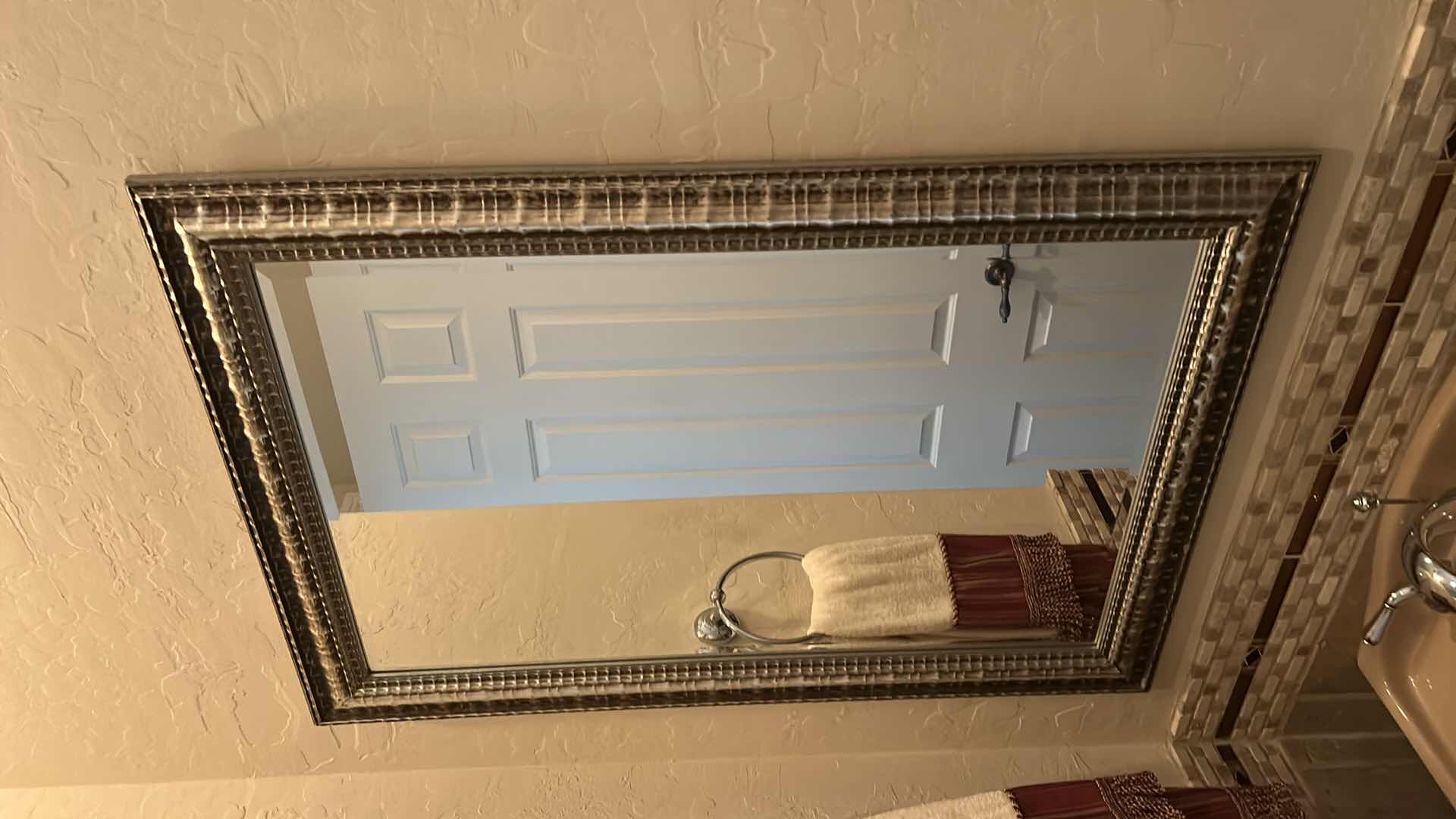 Photo 1 of WOOD RECTANGULAR WALL MIRROR WITH DISTRESSED METALLIC FRAME AND BEVELED GLASS 25“ x H37“