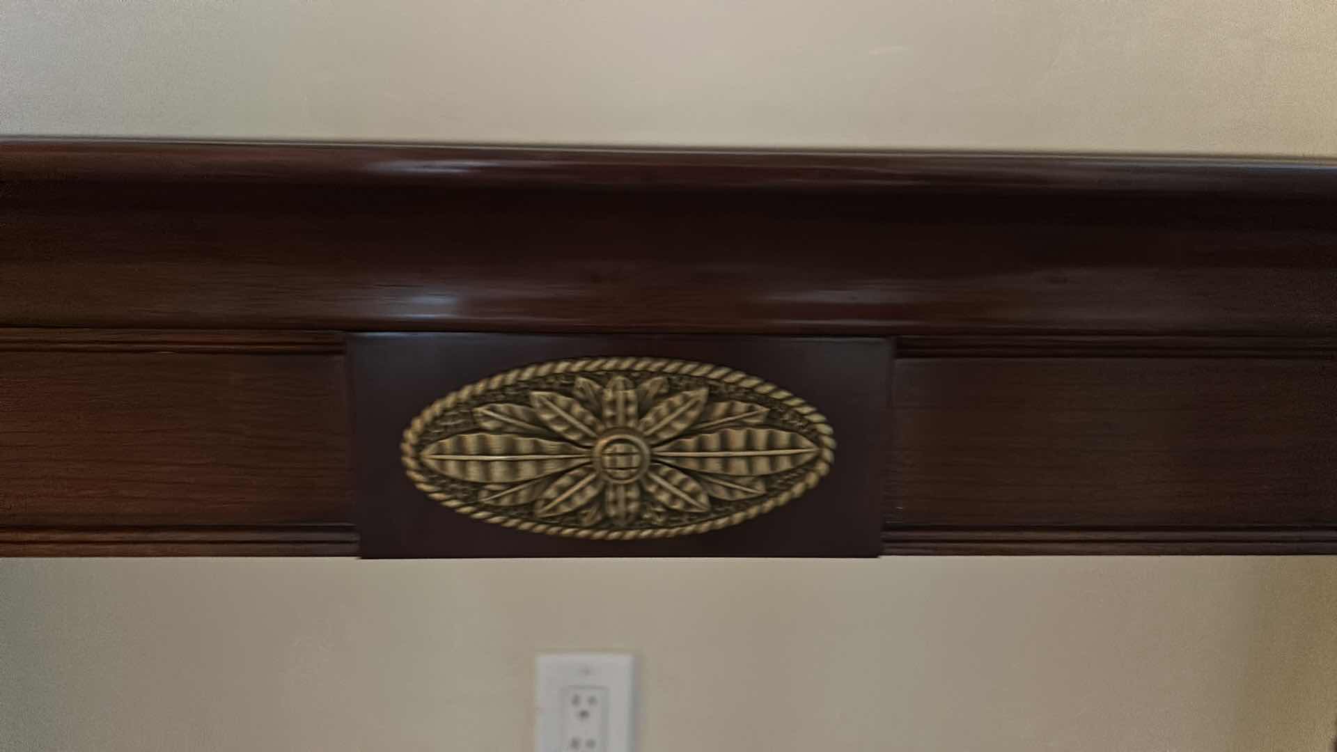 Photo 1 of DARK WOOD SOFA TABLE WITH GLASS TOP, TWISTED LEGS AND BRASS-TONE ACCENT PLAQUE 45“ x 17“ x H31 1/2“