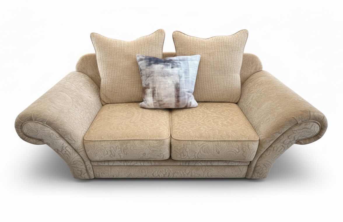 Photo 1 of 6’ BEIGE CHENILLE W FLORAL DEMADK UPHOLSTERED SOFA W 1 ACCENT PILLOW