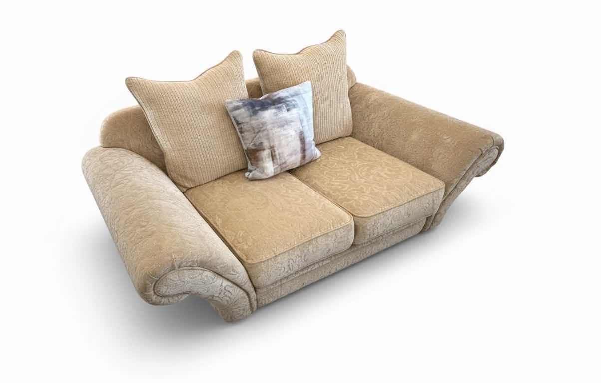 Photo 1 of 6’ BEIGE CHENILLE W FLORAL DEMADK UPHOLSTERED SOFA W 1 ACCENT PILLOW