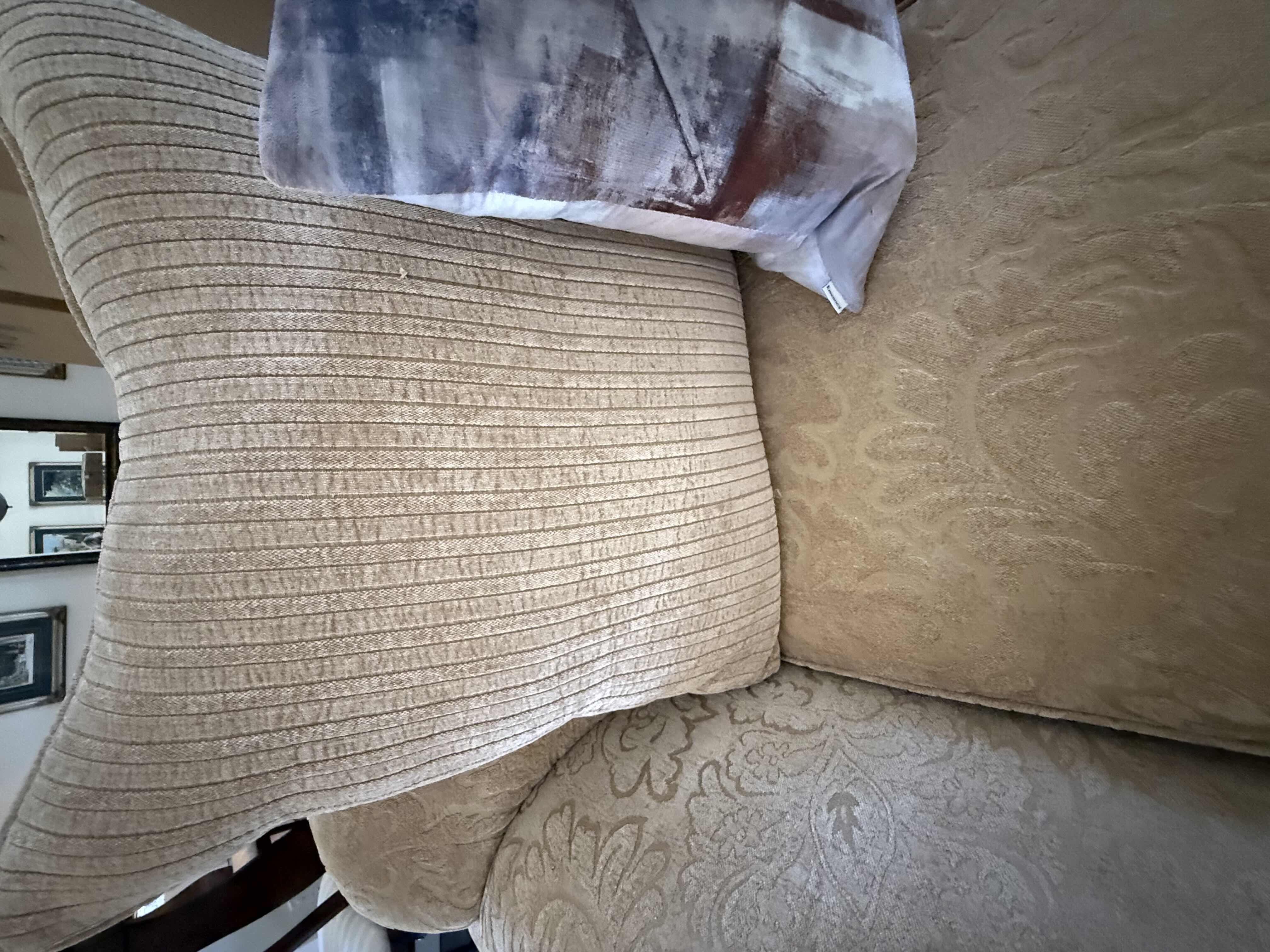 Photo 1 of 6’ BEIGE CHENILLE W FLORAL DEMADK UPHOLSTERED SOFA W 1 ACCENT PILLOW