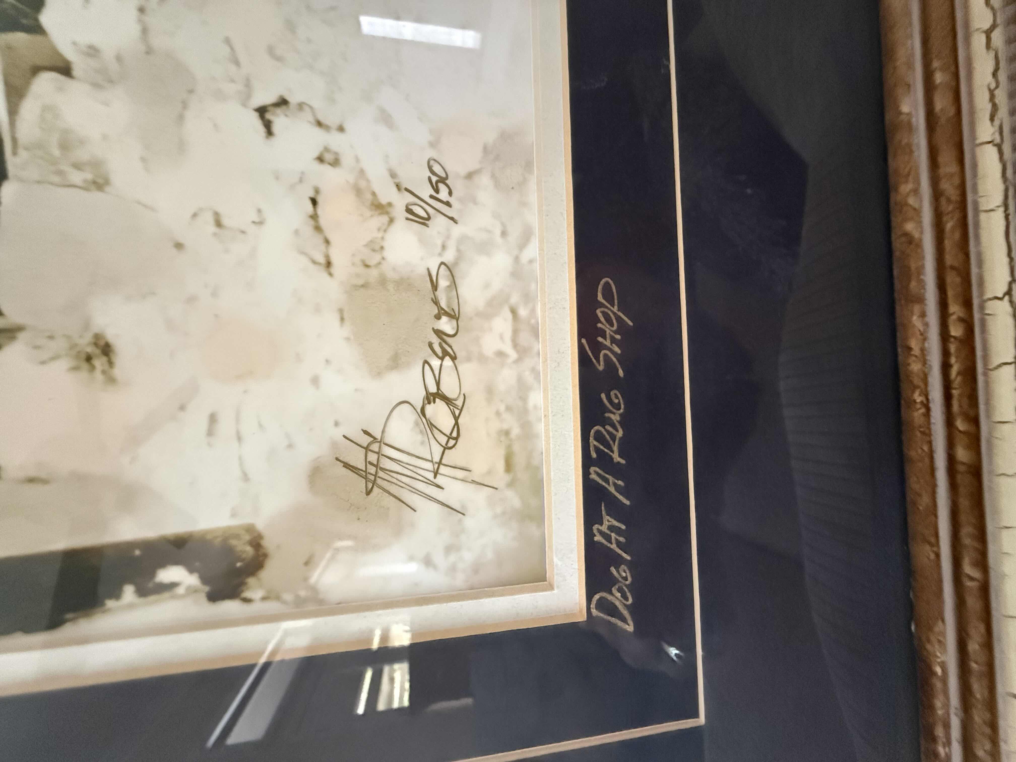 Photo 1 of CRACKLED GOLD FRAMED “DOG AT A RUG SHOP” SIGNED ARTIST MARTIN ROBERTS & NUMBERED ARTWORK 31” x 38”