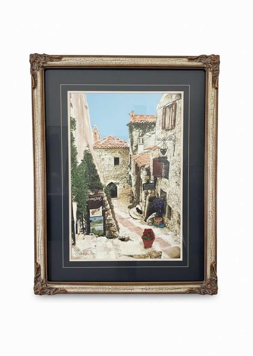 Photo 1 of CRACKLED GOLD FRAMED “DOG AT A RUG SHOP” SIGNED ARTIST MARTIN ROBERTS & NUMBERED ARTWORK 31” x 38”