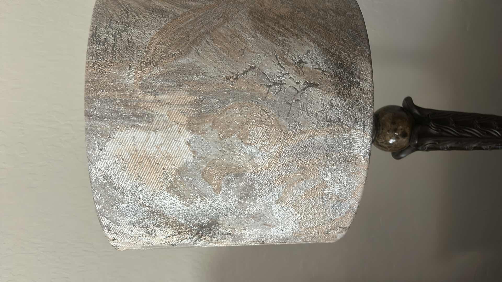 Photo 1 of DECORATIVE TABLE LAMP WITH ORNATE BASE AND TEXTURED DRUM SHADE H33”