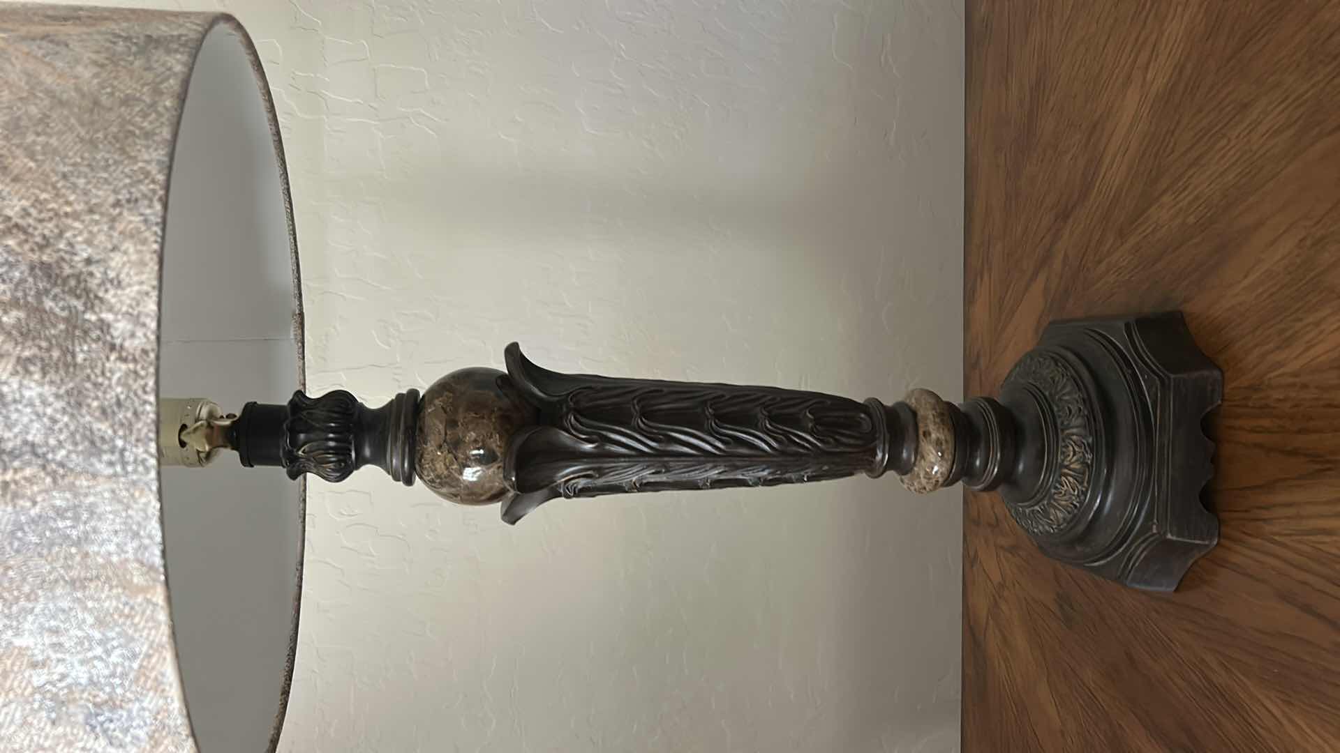 Photo 1 of DECORATIVE TABLE LAMP WITH ORNATE BASE AND TEXTURED DRUM SHADE H33”