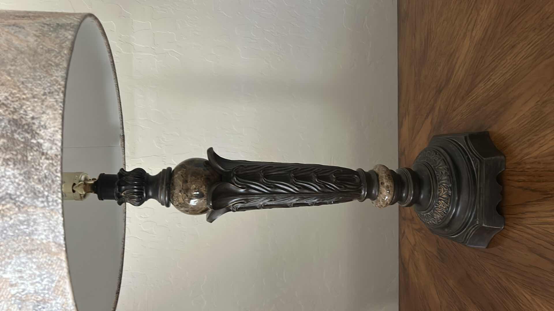 Photo 1 of DECORATIVE TABLE LAMP WITH ORNATE BASE AND TEXTURED DRUM SHADE H33”