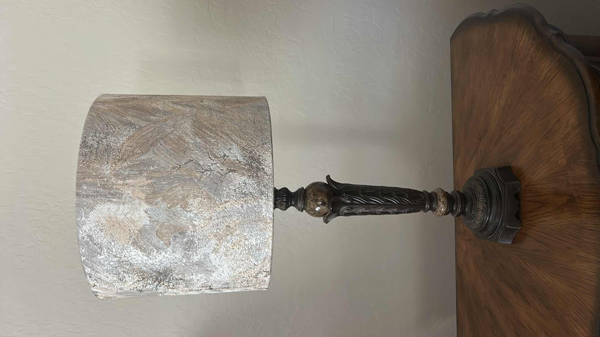 Photo 1 of DECORATIVE TABLE LAMP WITH ORNATE BASE AND TEXTURED DRUM SHADE H33”