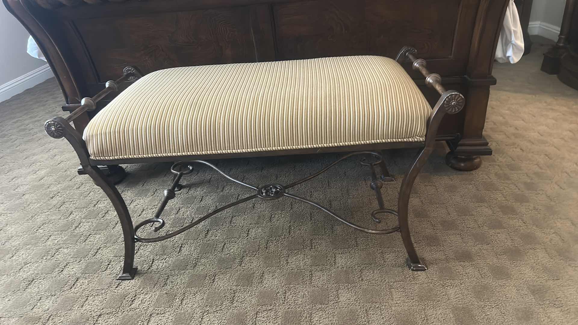 Photo 1 of METAL BENCH W BEIGE STRIPED CUSHION 43“ x 22“ x H22“
