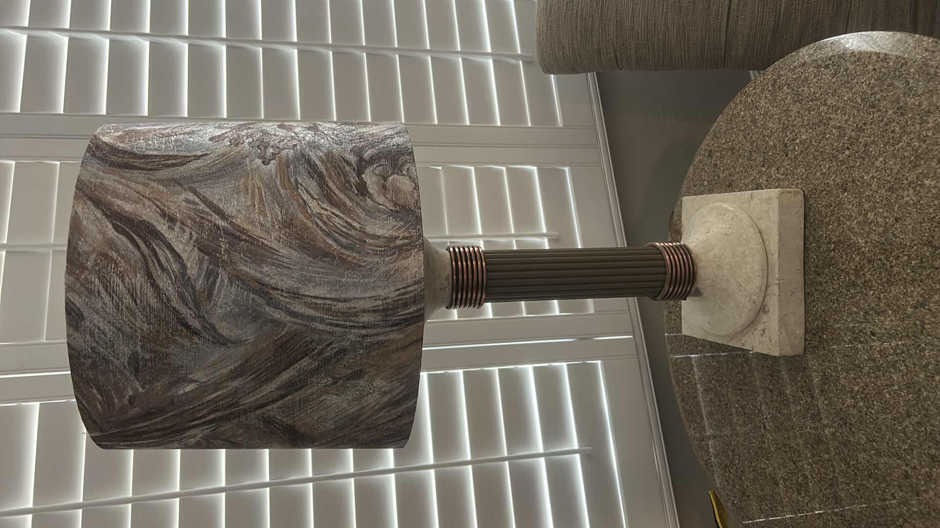 Photo 1 of HEAVY TABLE LAMP WITH STONE BASE, COPPER ACCENTS AND MULTI COLOR SHADE H3’