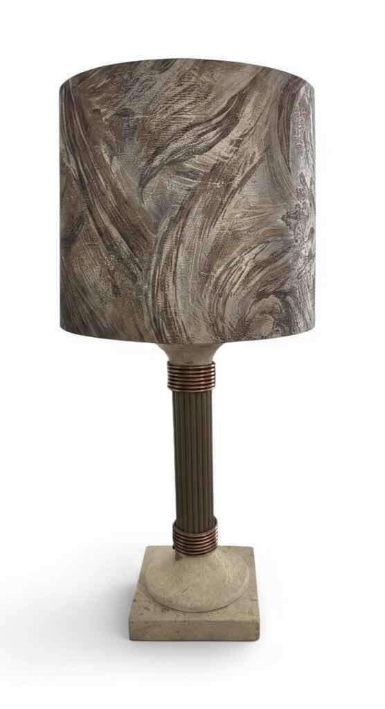 Photo 1 of HEAVY TABLE LAMP WITH STONE BASE, COPPER ACCENTS AND MULTI COLOR SHADE H3’