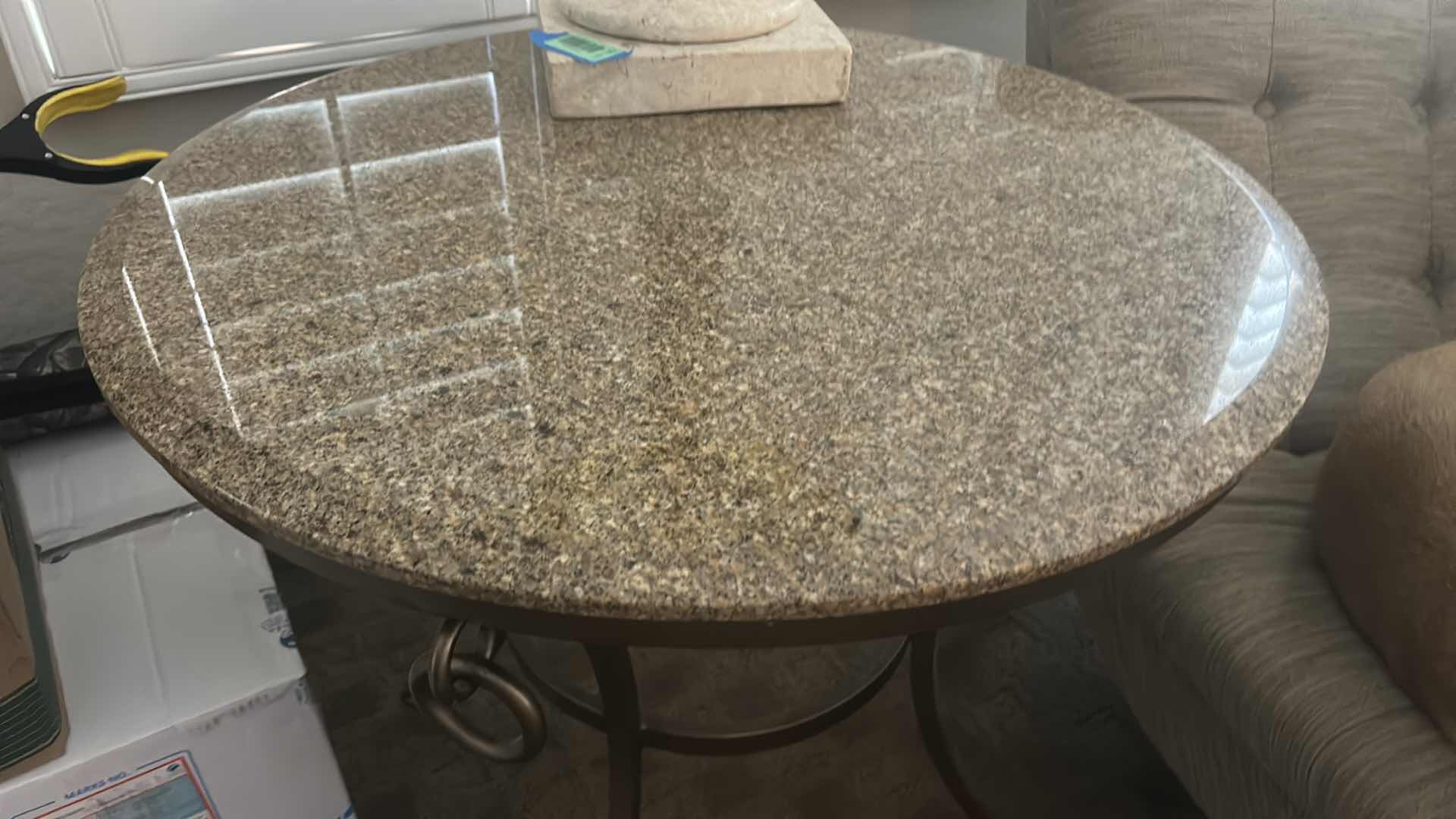 Photo 1 of GRANITE-TOPPED BISTROTABLE WITH DARK METAL FRAME 30” x H26.5”