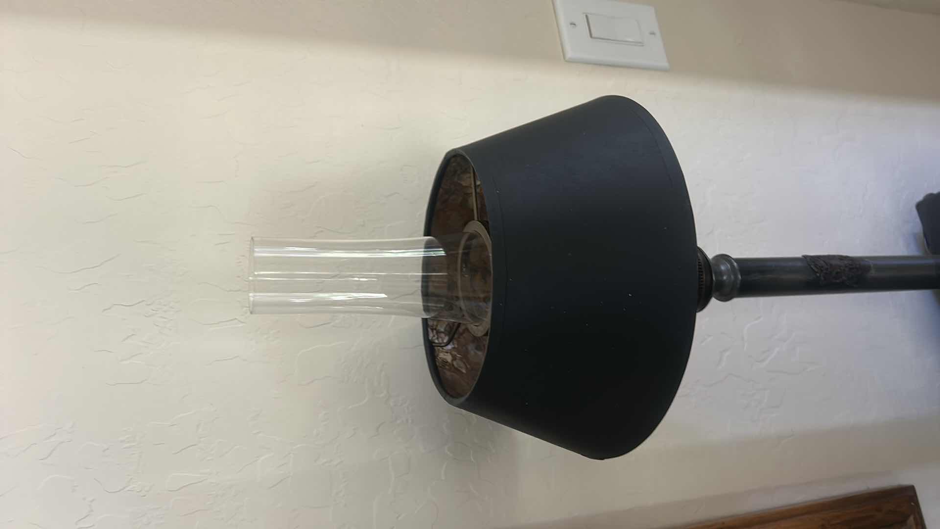 Photo 1 of FRENCH EMPIRE STYLE BLACK TABLE LAMP W TALL GLASS CHIMNEY H28”