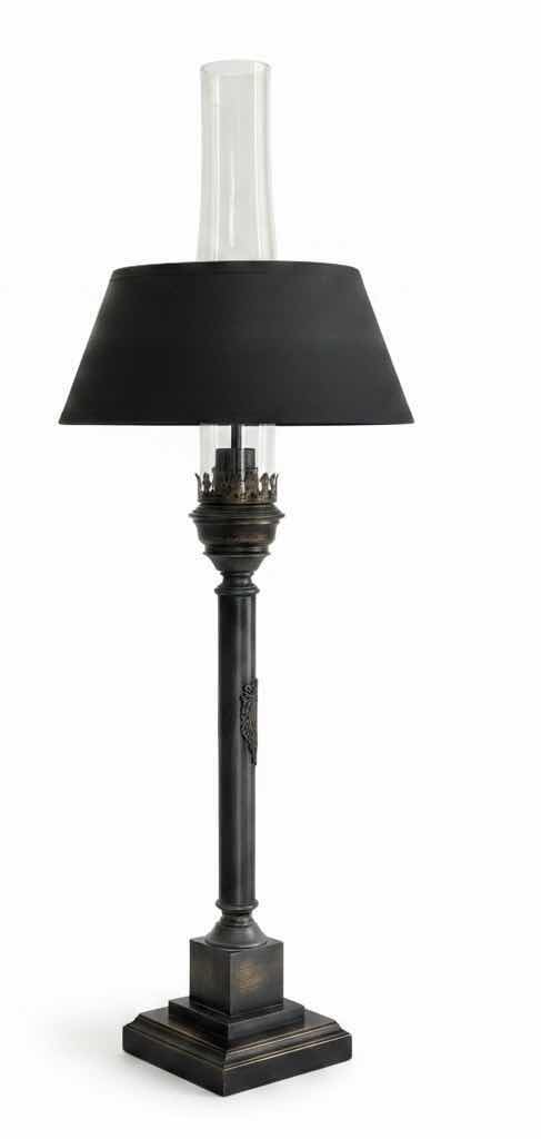 Photo 1 of FRENCH EMPIRE STYLE BLACK TABLE LAMP W TALL GLASS CHIMNEY H28”