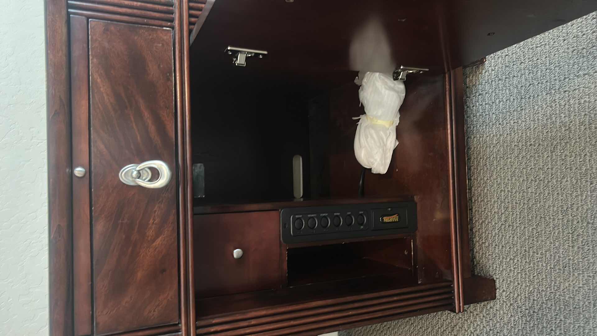 Photo 1 of WALNUT EXECUTIVE DESK WITH MATCHED VENEER, BRASS HARDWARE, KEYBOARD PULLOUT AND BUILT-IN ELECTRICAL PLUGS FOR COMPUTER EQUIPMENT 65” x 2‘ x H30“