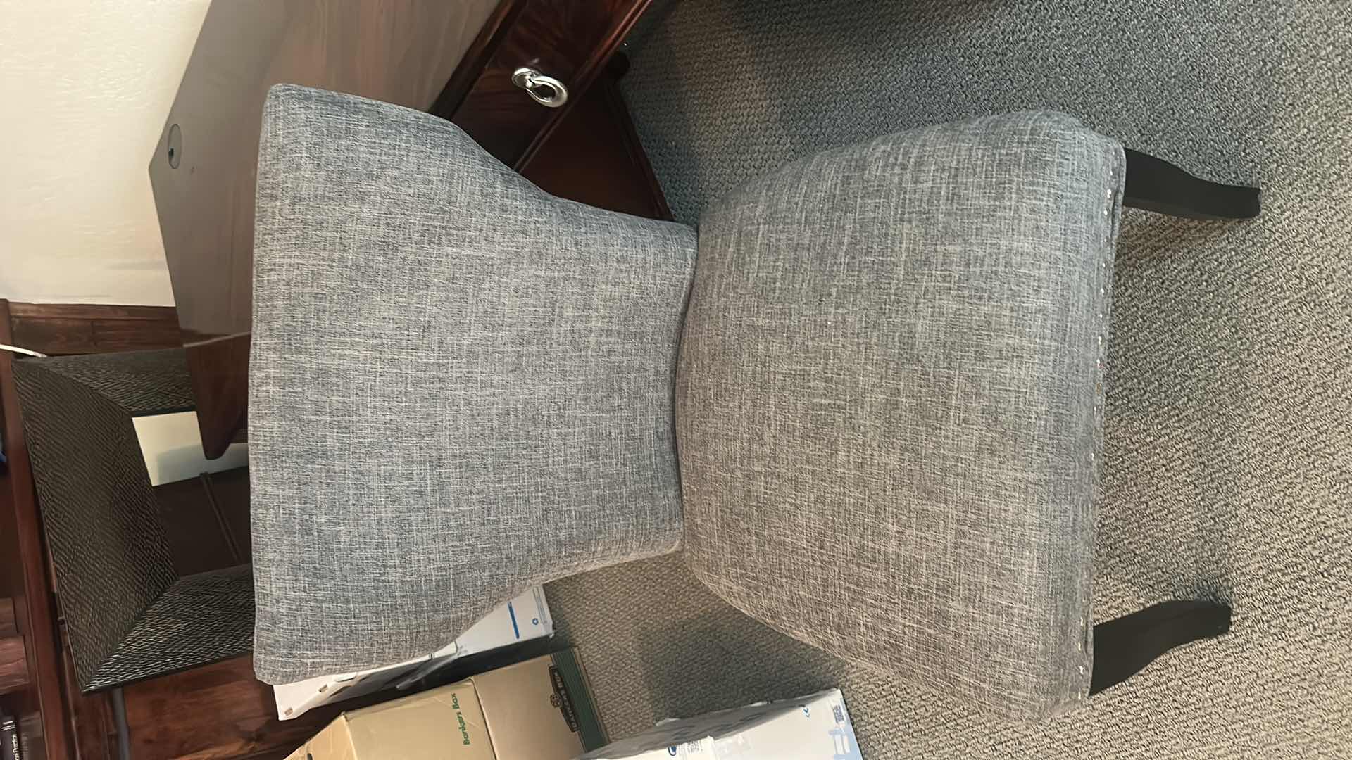 Photo 1 of GRAY UPHOLSTERED DINING CHAIR / DESK CHAIR WITH NAILHEAD TRIM AND BLACK LEGS 21 1/2” x 21” x H27 1/2”