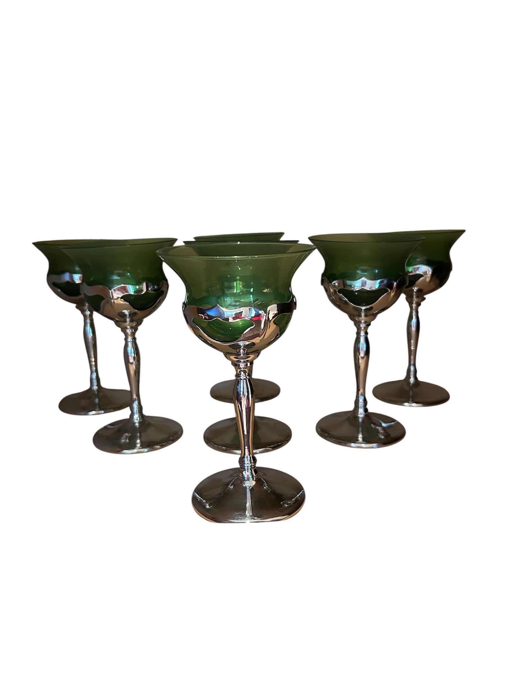 Photo 1 of 7- VINTAGE MID CENTURY MODERN FARBER BROS KROME KRAFT STEMMED GLASSES W GREEN GLASS INSERTS H 6"